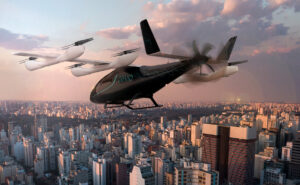 Rendering of Eve eVTOL in Revo livery flying over a city