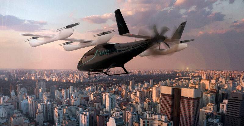 Rendering of Eve eVTOL in Revo livery flying over a city
