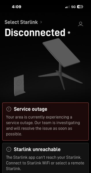 Screenshot of Starlink app page, reporting the service outage