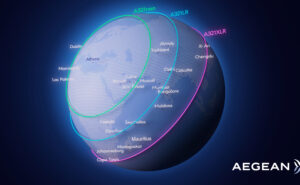 AEGEAN routes that will exist with each aircraft type represented on an image of the earth.