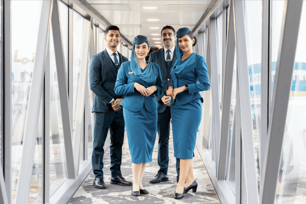 Oman Air Cabin Crew in uniform on the jet bridge. 