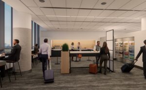 Rendering of the new Provisions by Admirals Club lounge at CLT. Passengers are grabbing quick snacks at this grab-and-go location.