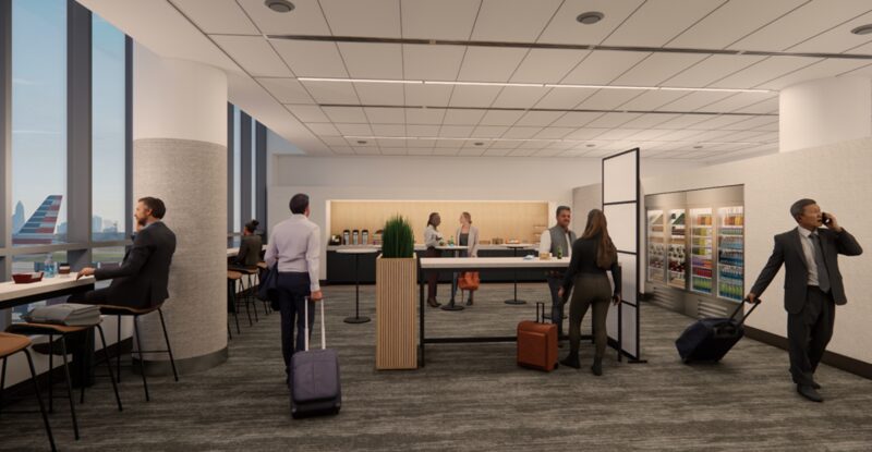 Rendering of the new Provisions by Admirals Club lounge at CLT. Passengers are grabbing quick snacks at this grab-and-go location.