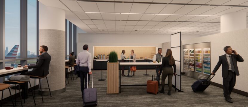 Rendering of the new Provisions by Admirals Club lounge at CLT. Passengers are grabbing quick snacks at this grab-and-go location.