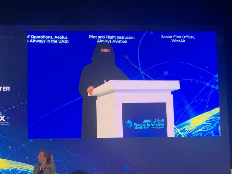 Captain Qadar Sarfraz speaking at a Women in Aviation conference