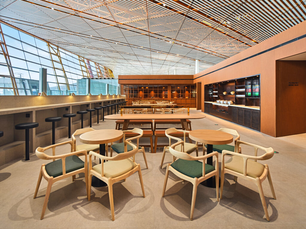A dining area in various wood finishings.
