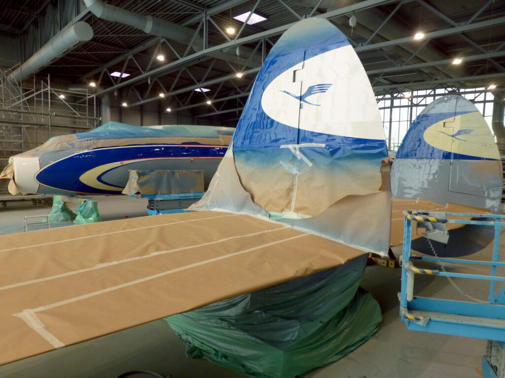 Sections of the aircraft are painted in the iconic livery