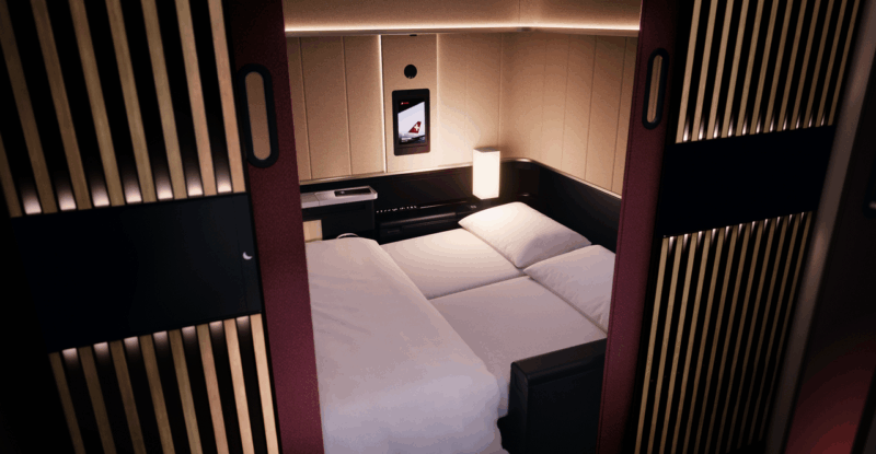 SWIAA A350 Senses first class suite with a double bed laid out.