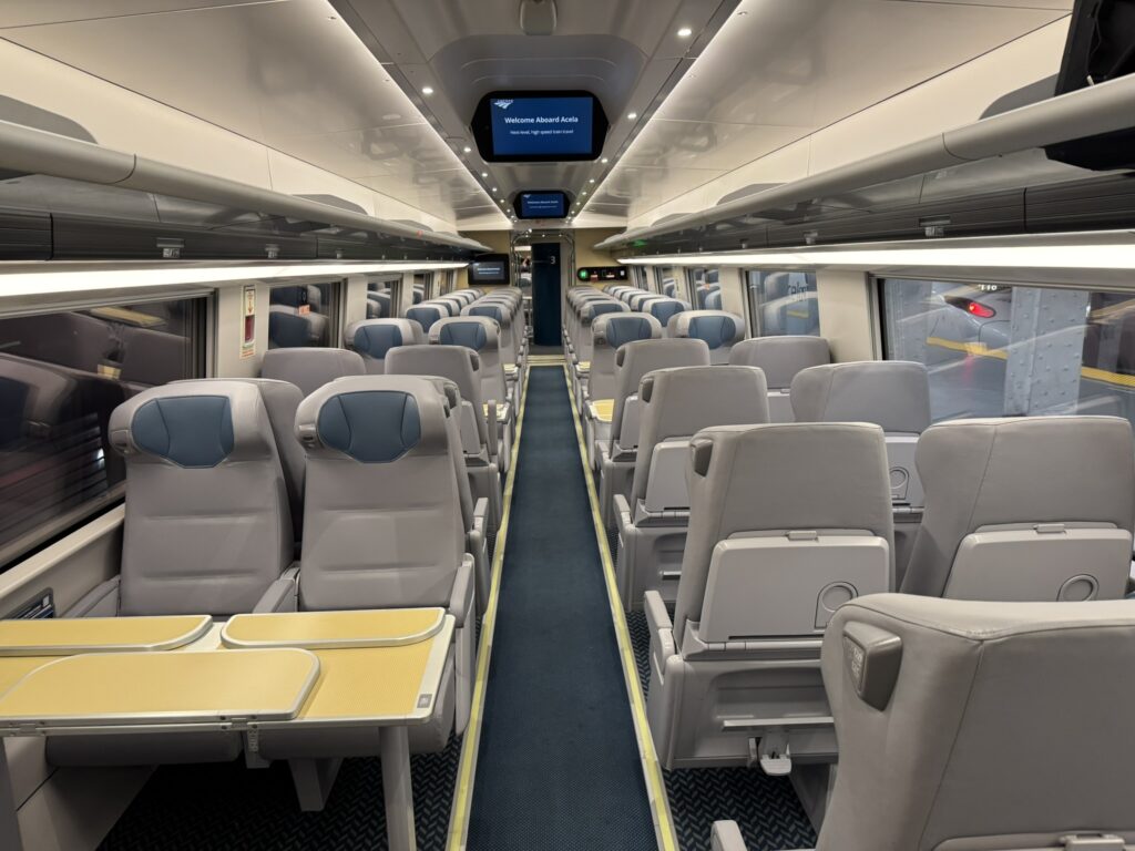 Inside the Amtrak Acela rail car in a 2-2 configuration. 