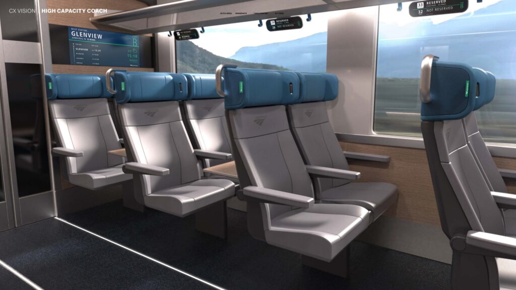 Rendering of Amtrak seats; they look plush with subtle headrests in blue