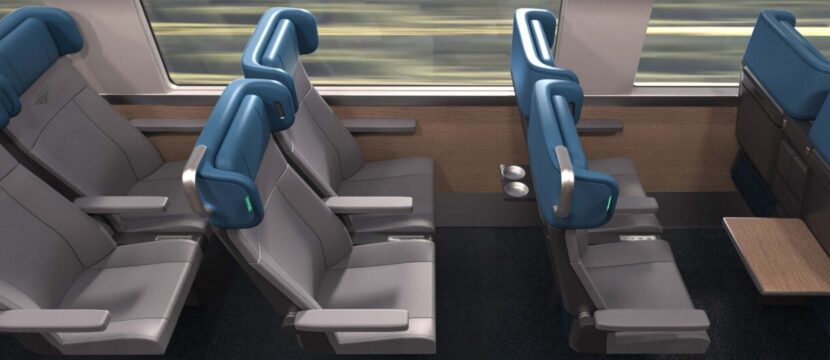 Rendering of Amtrak single-level high capacity coach with plush new seats.