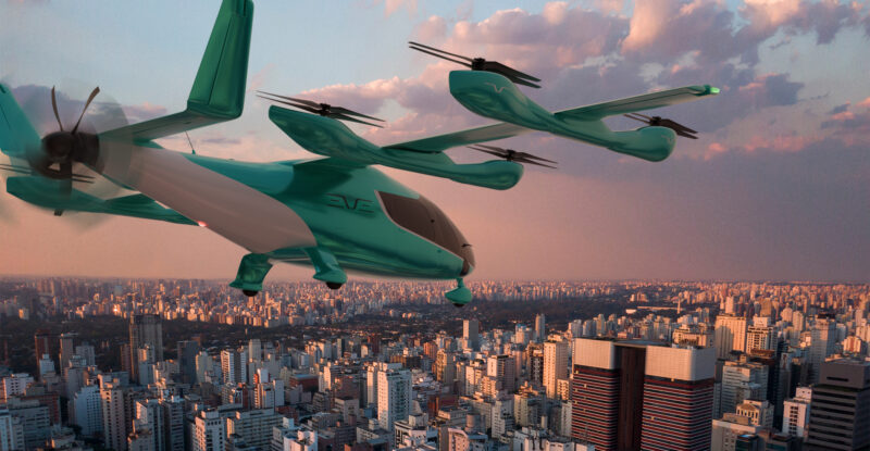 Rendering of Eve eVTOL in flight over a city