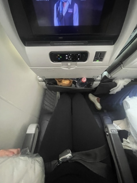 Overhead view of the author's legs, a few inches away from the seat in front of her.
