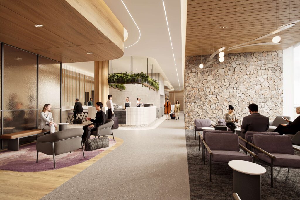 Rendering of New Air New Zealand Koru Lounge with seats, cushioned benches and small tables