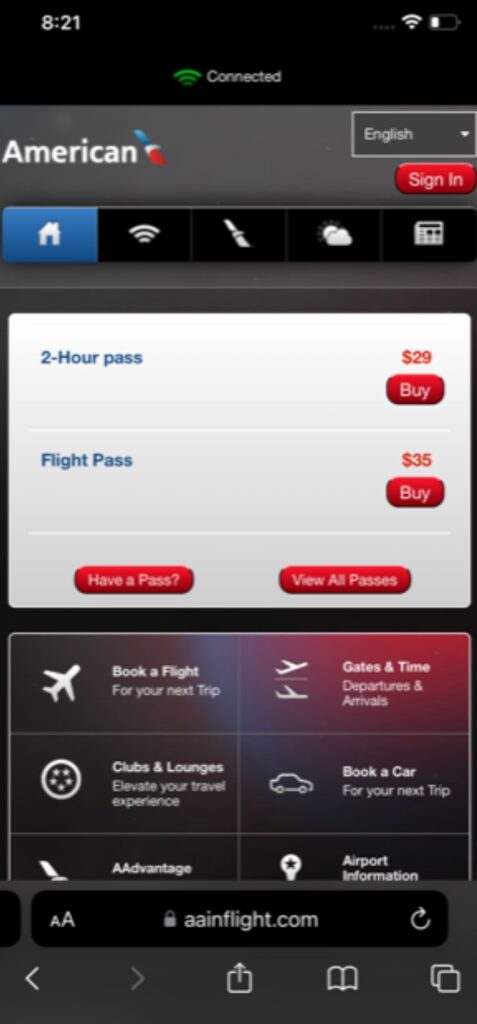 Screen shot of American's Wi-Fi pricing.