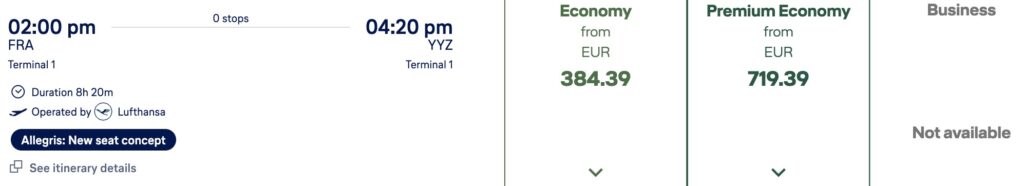 Screenshot of the Lufthansa booking path showing the Allegris-fitted aircraft operating FRA-YYZ has no business seats available.