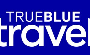 Words "TrueBlue Travel" in white on a royal blue background.