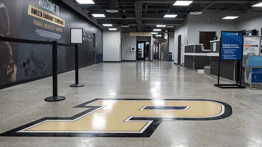 The terminal, named to honor Amelia Earhart’s historic connections to Purdue, features Purdue-branded displays, new screening equipment, and a waiting area with new furniture and a small marketplace. (Purdue University photo/ Kelsey Lefever)