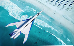 Rendering of Spike Aerospace's S-512 Diplomat in flight over the ocean