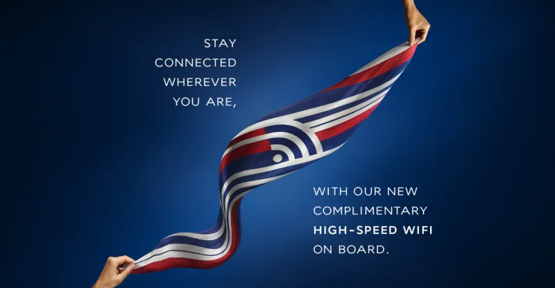 Air France scarf floating on a blue background with text about free wifi