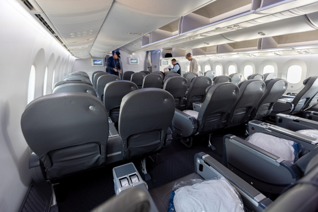 Inside the Premium cabin of the Norse Atlantic Boeing 787-9 from the rear.