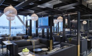 SAS SVG Lounge has high ceilings accompanied by floor to ceiling windows for lots of natural light.