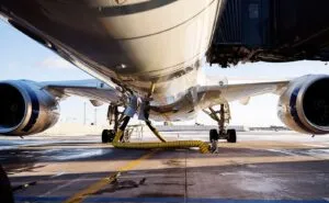 Belly of an aircraft. APU emissions are being monitored by the Assaia AI powered tech.