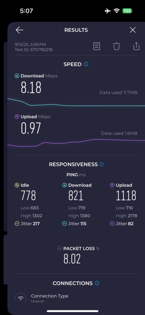 Speed test for the Delta inflight connectivity is shown here. 