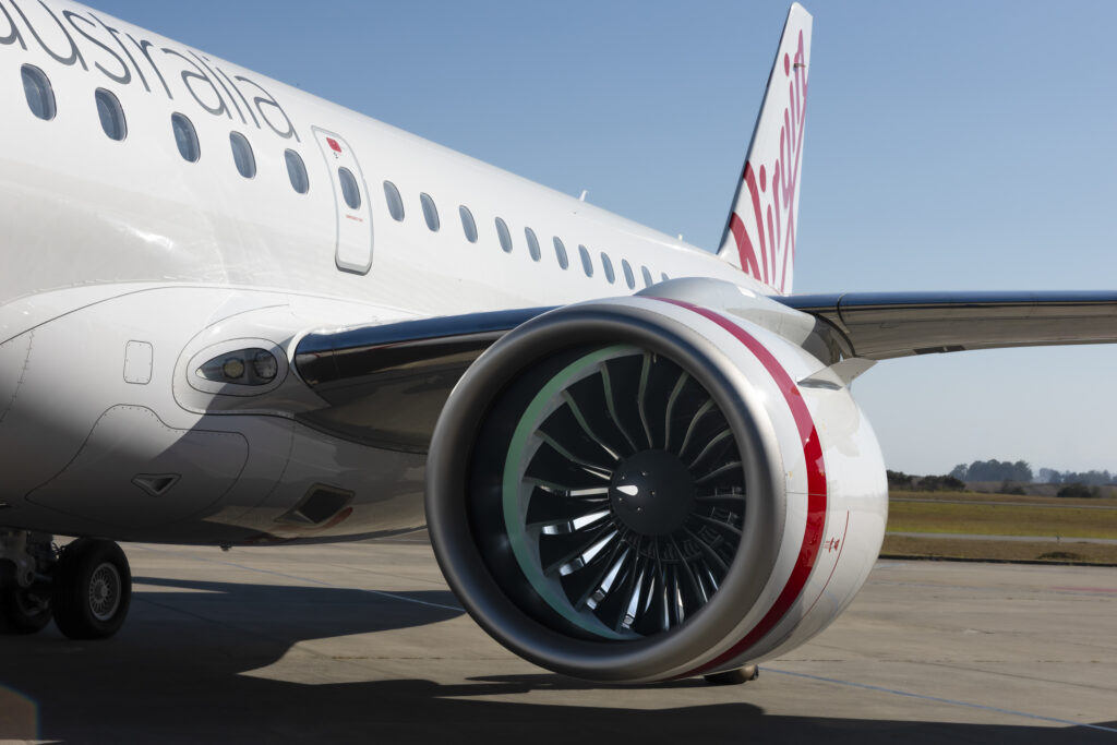 Virgin Australia E190-E2 parked. This image shows a close up of the engine