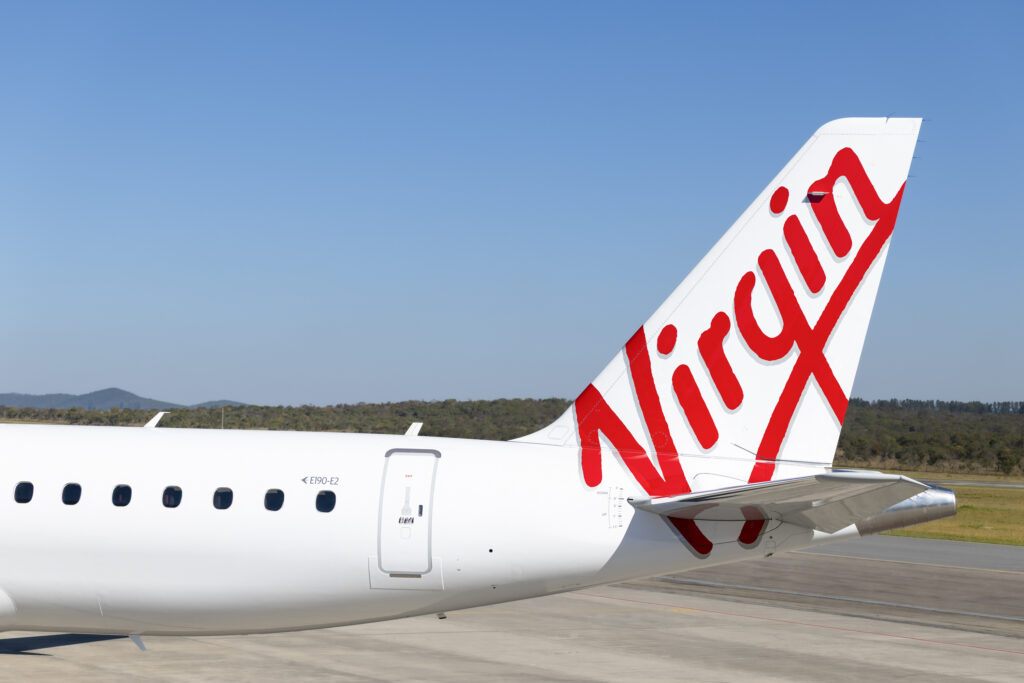 E2 fuselage in white with Virgin in red on the tail