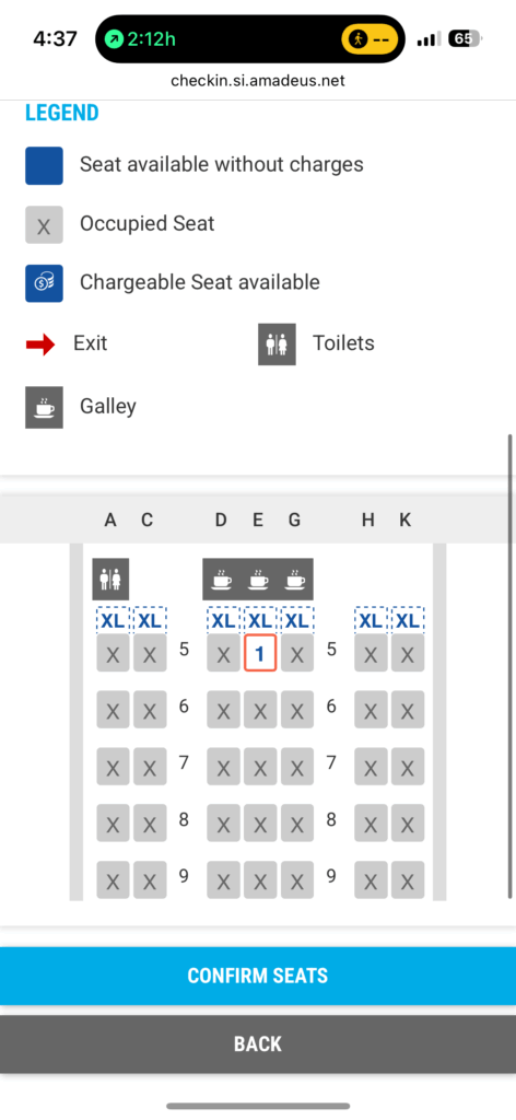 Seat map showing the center seat selection.