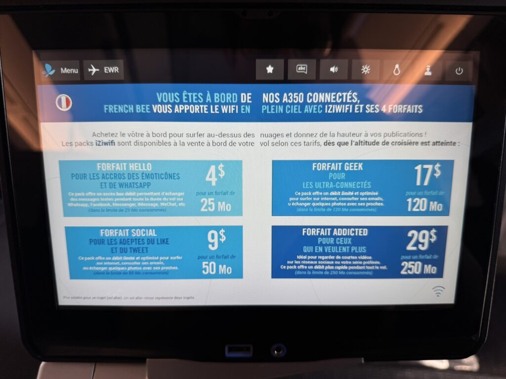 The IFE screen is showing the Wi-Fi costs per package. 