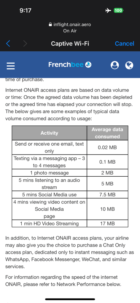 French Bee screen shot that shows what capacity various activity would use on the WiFi.