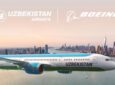 Uzbekistan Airways Dreamliner flying over a city.