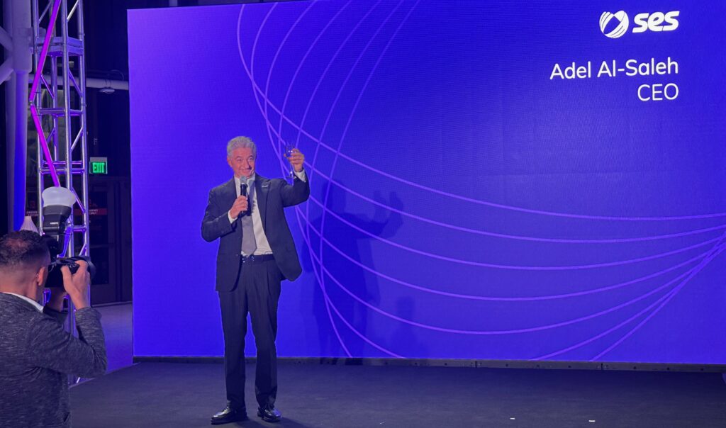 Adel Al-Saleh, the CEO of SES, raised a glass to toast the firm's rebrand with partners, customers and employees.