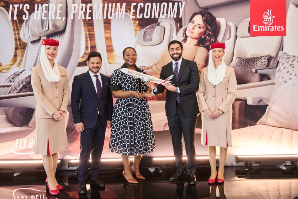 Emirates gifts South African Civil Aviation Authority a model Boeing 777 at the event in JNB