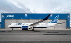 JetBlue A220 at the hanger