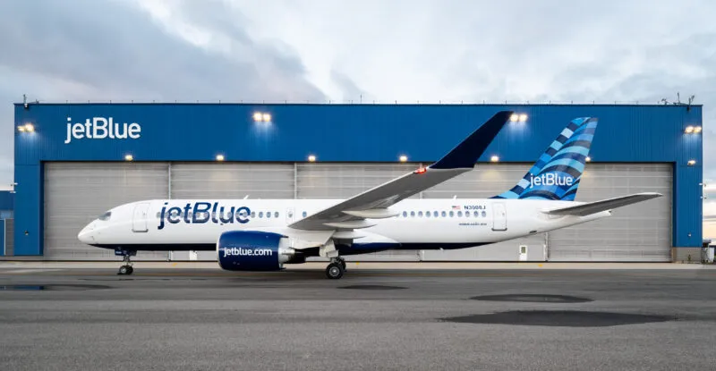 JetBlue A220 at the hanger
