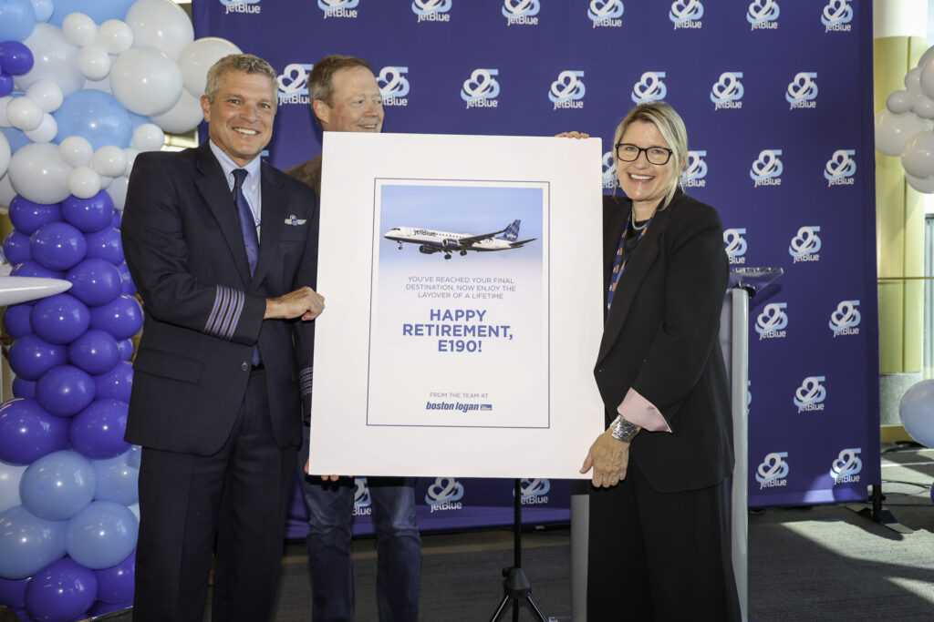 JetBlue COO, Massport CEO, and JetBlue CEO mark the E190's retirement at the airline.