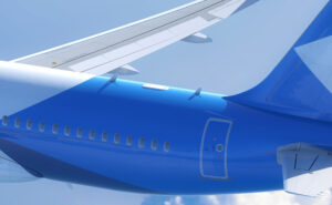 Rendering of Intellian flat panel antenna atop a fuselage