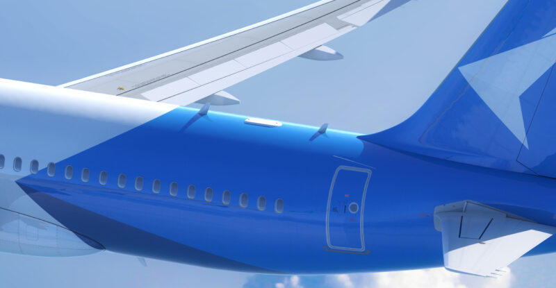 Rendering of Intellian flat panel antenna atop a fuselage