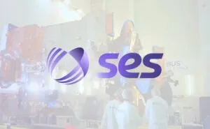 SES logo in purple against a faint image of a satellite