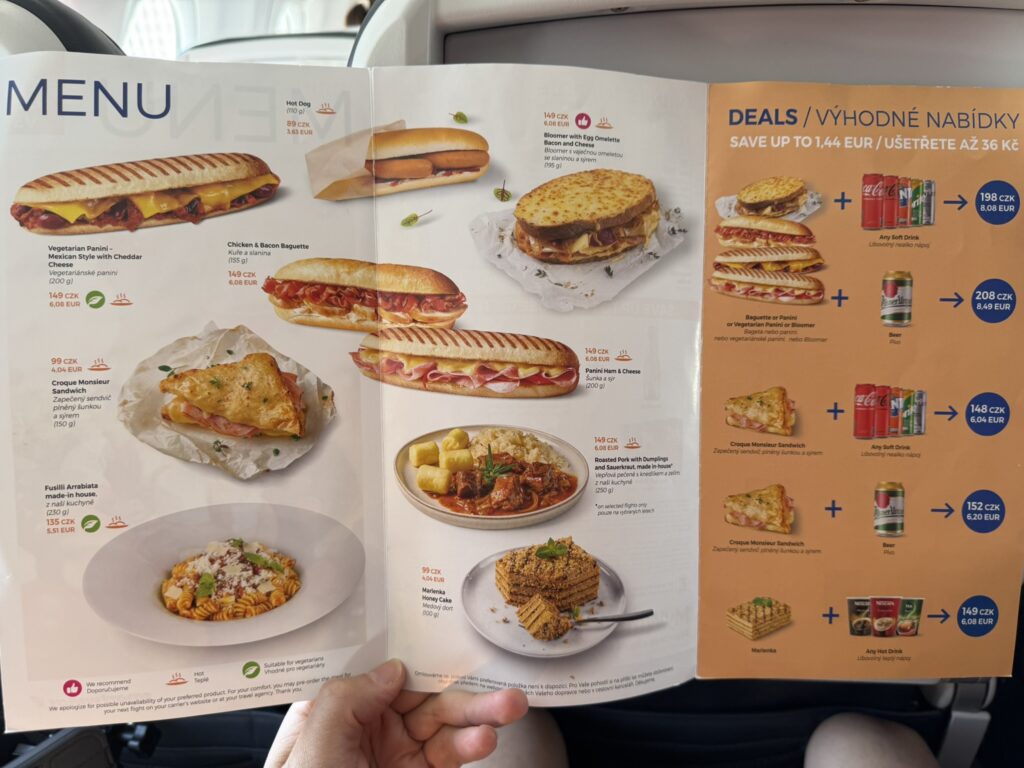 A menu of inflight meal options on Smartwings. 
