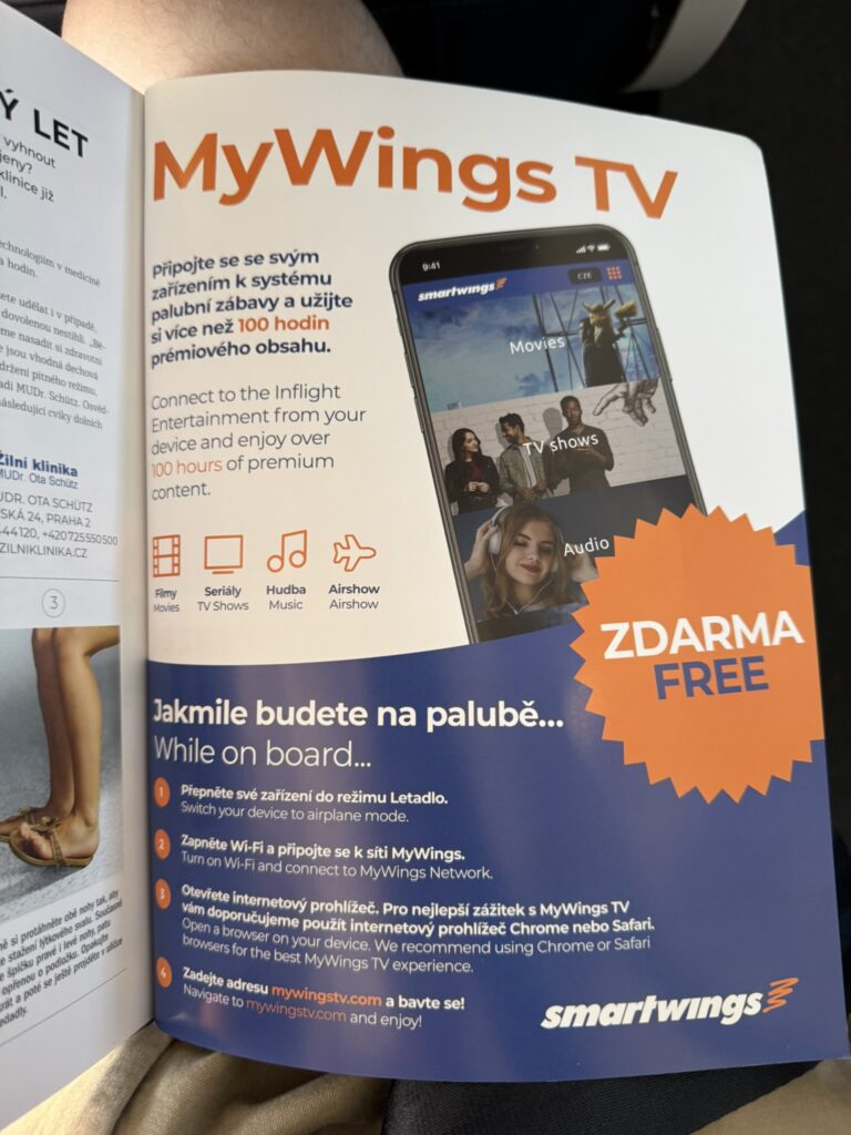 An advertisement suggesting wireless inflight entertainment is available. 