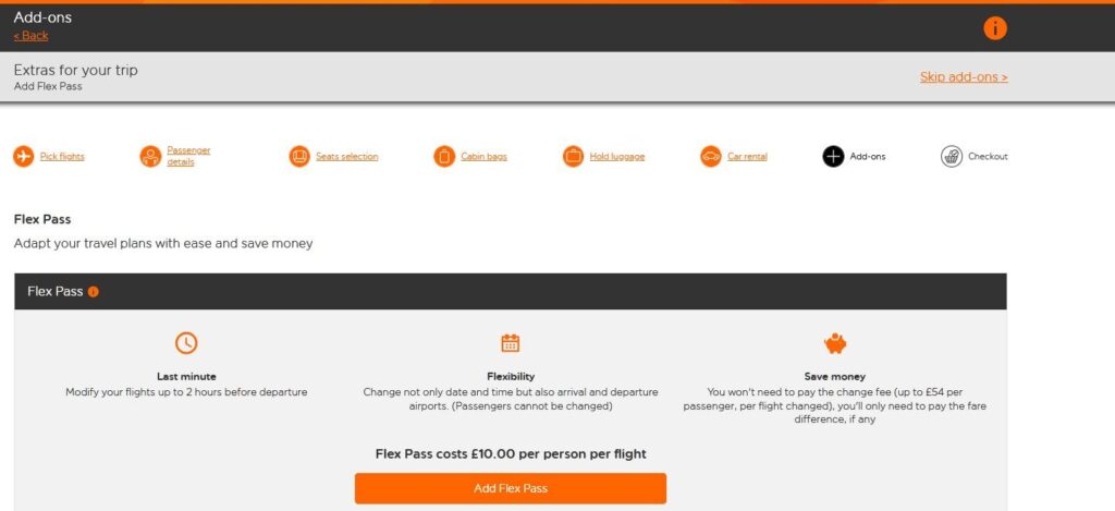 A screen which displays the various add on options at the top for passengers to track easily during purchase.