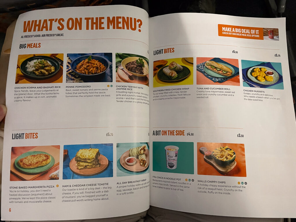 The inflight meal and snack menu for easyjet.