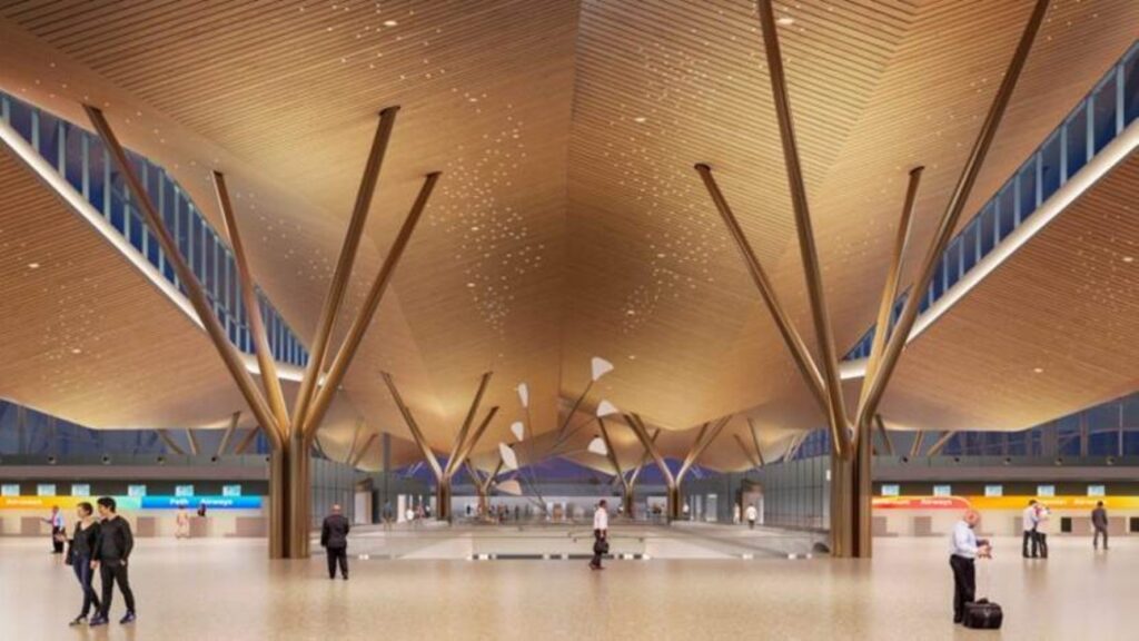 Passengers and the public will be able to see the sculpture at eye level from the pre-security departure level or by looking up from the arrivals level of the new terminal. Renderings courtesy of Gensler + HDR in association with luis vidal + architects.