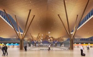 Passengers and the public will be able to see the sculpture at eye level from the pre-security departure level or by looking up from the arrivals level of the new terminal. Renderings courtesy of Gensler + HDR in association with luis vidal + architects.