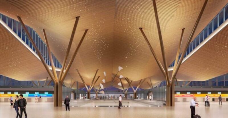 Passengers and the public will be able to see the sculpture at eye level from the pre-security departure level or by looking up from the arrivals level of the new terminal. Renderings courtesy of Gensler + HDR in association with luis vidal + architects.