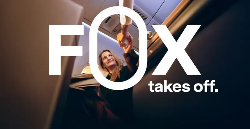A passenger is sitting in an aircraft seat. "FOX takes off" is printed over the image.